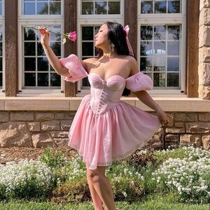 Adeirlina Elegant Pink Puff Sleeve Dress